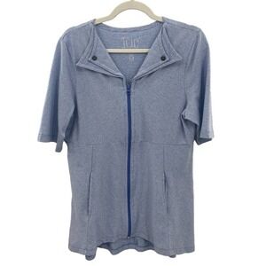lur. Full Zip Tunic Jacket Womens Medium Blue White Stripe Pockets Button Detail